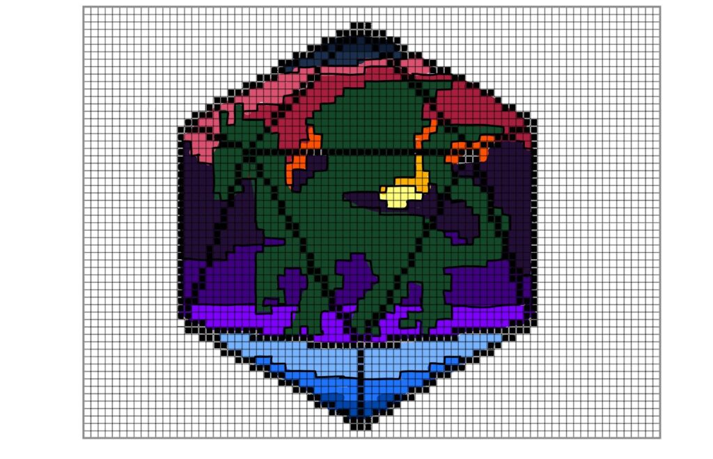 pixellated grid-image of the cross stitch dragon in color