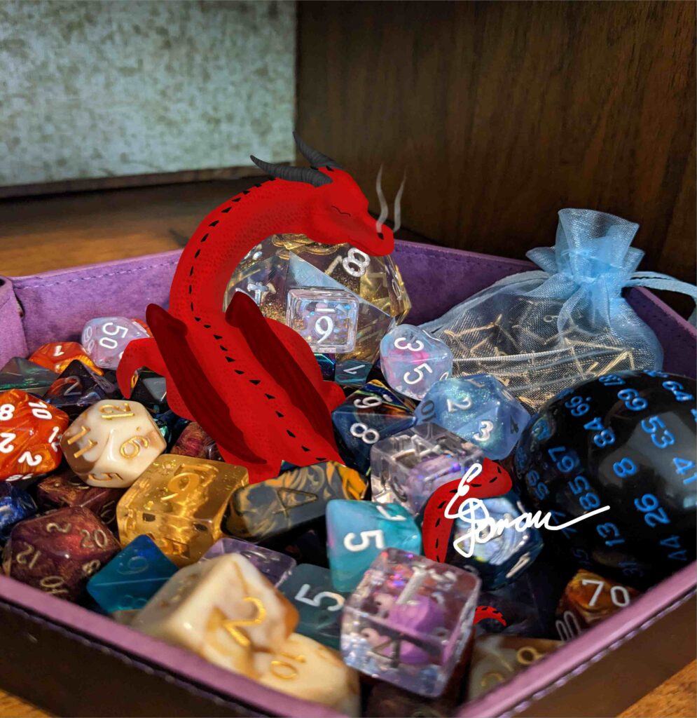 A small red dragon curled on top of a pile of multi colored polyhedral dice