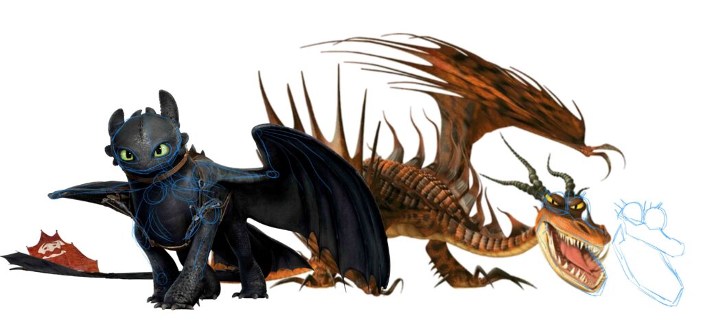 A comparison of Toothless and a Monstrous Nightmare from How to Train Your Dragon with a skeletal structure loosely sketched on over them.