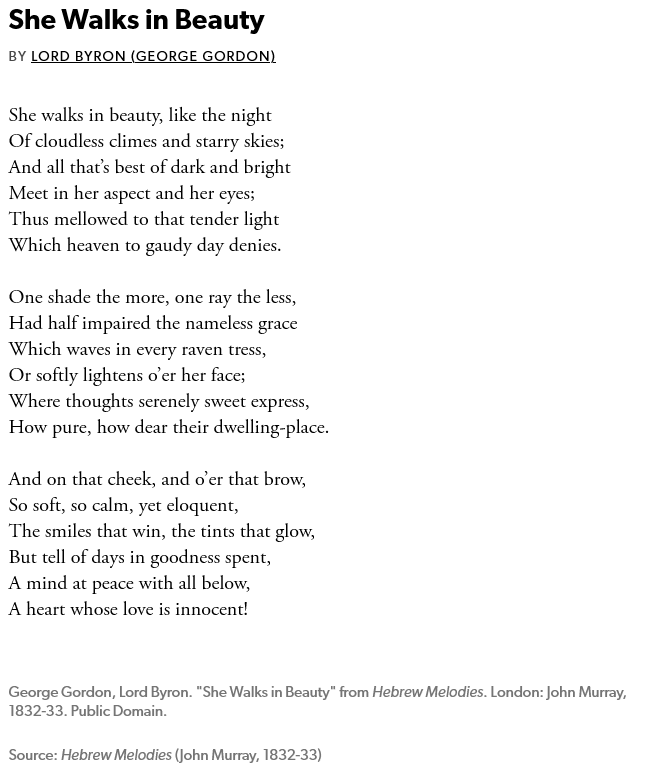 the text of Lord Byron's poem "She Walks in Beauty"
