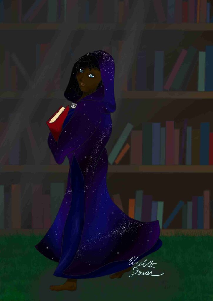 A woman wearing a purple and blue cloak of stars holding a book; behind her are bookshelves.