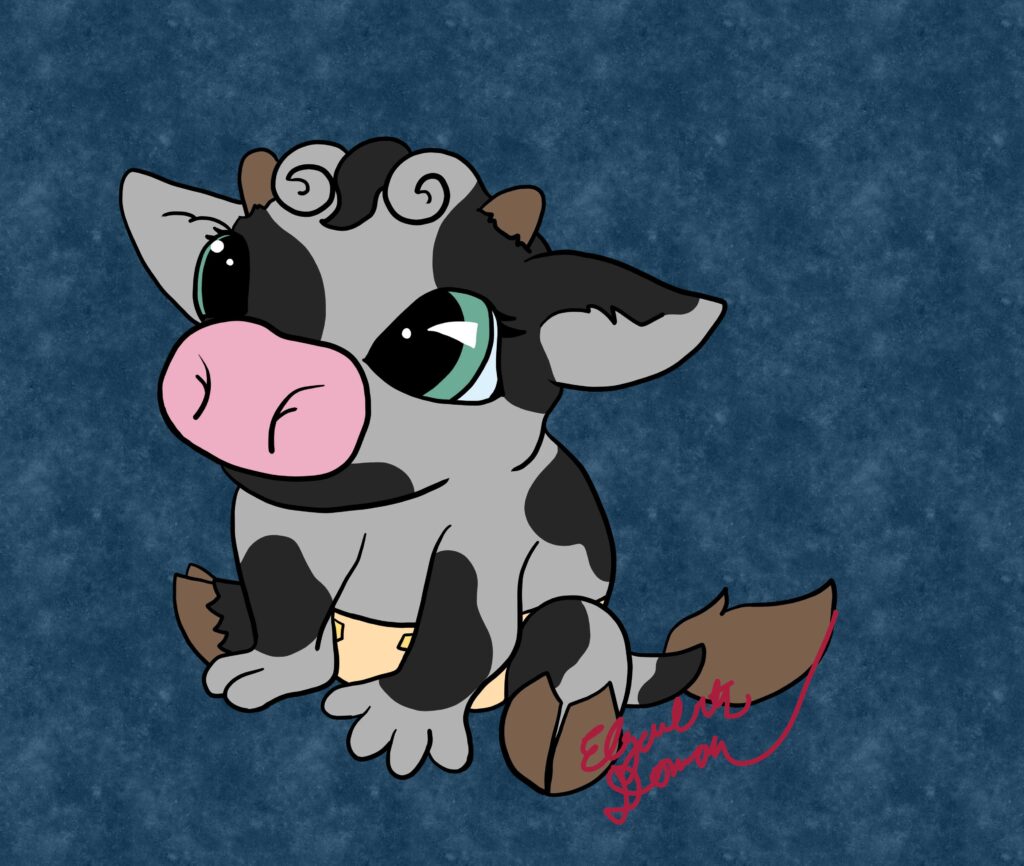 A chibi image of a black-and-white spotted minotaur with large green-rimmed eyes, pink nose, and curls on top of its head looking upward. It has human hands and cow feet and a tail. Also a diaper.