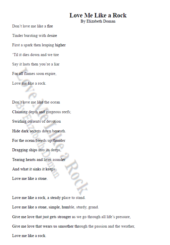 The poem Love Me Like a Rock
Full text can be found on the Lakefly website under 2024 winners at https://lakeflywriters.org/writing-contests/