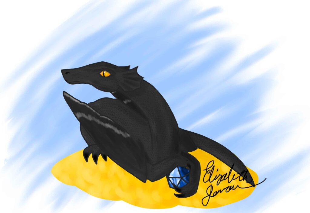 A drawing of a black dragon with white wing tips sitting on a pile of gold holding a blue gem shaped like a d20