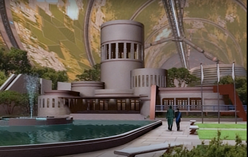 A screenshot of Babylon 5, showing the CGI depiction of the interior of the station. It looks like early 90s CGI for sure.