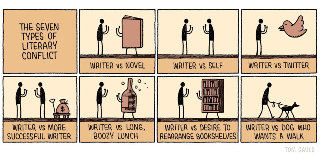 A stick-figure illustration of seven types of literary conflict: Writer vs. 
-Novel
-Self
-Twitter
-More successful writer
-Long, boozy lunch
-Desire to rearrange bookshelves
-Dog who wants a walk
by artist Tom Gauld