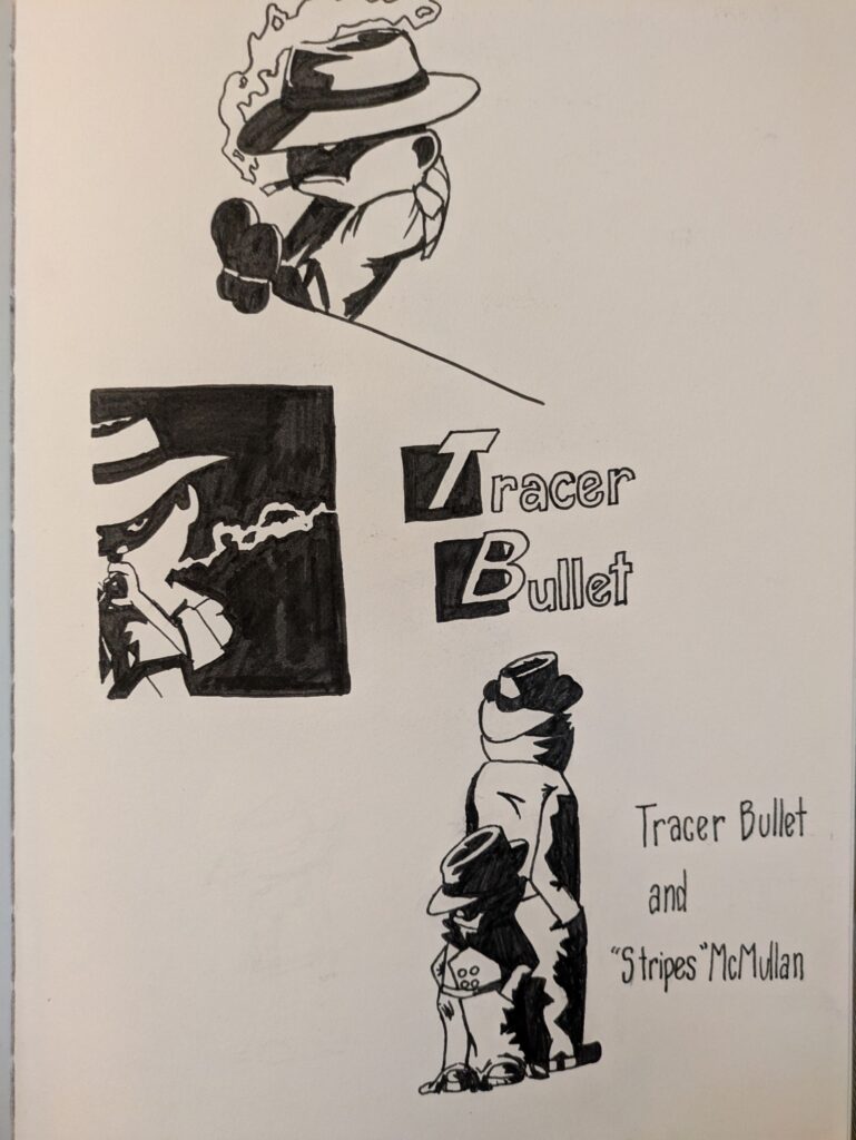 Three images of Calvin/Tracer Bullet. The first is of him sitting at a desk with his feet propped up, the second of him on the side against a dark background, smoke from his cigarette drifting, and the third of him standing back-to-back with a tall figure in a trenchcoat who has ears and a tail. 