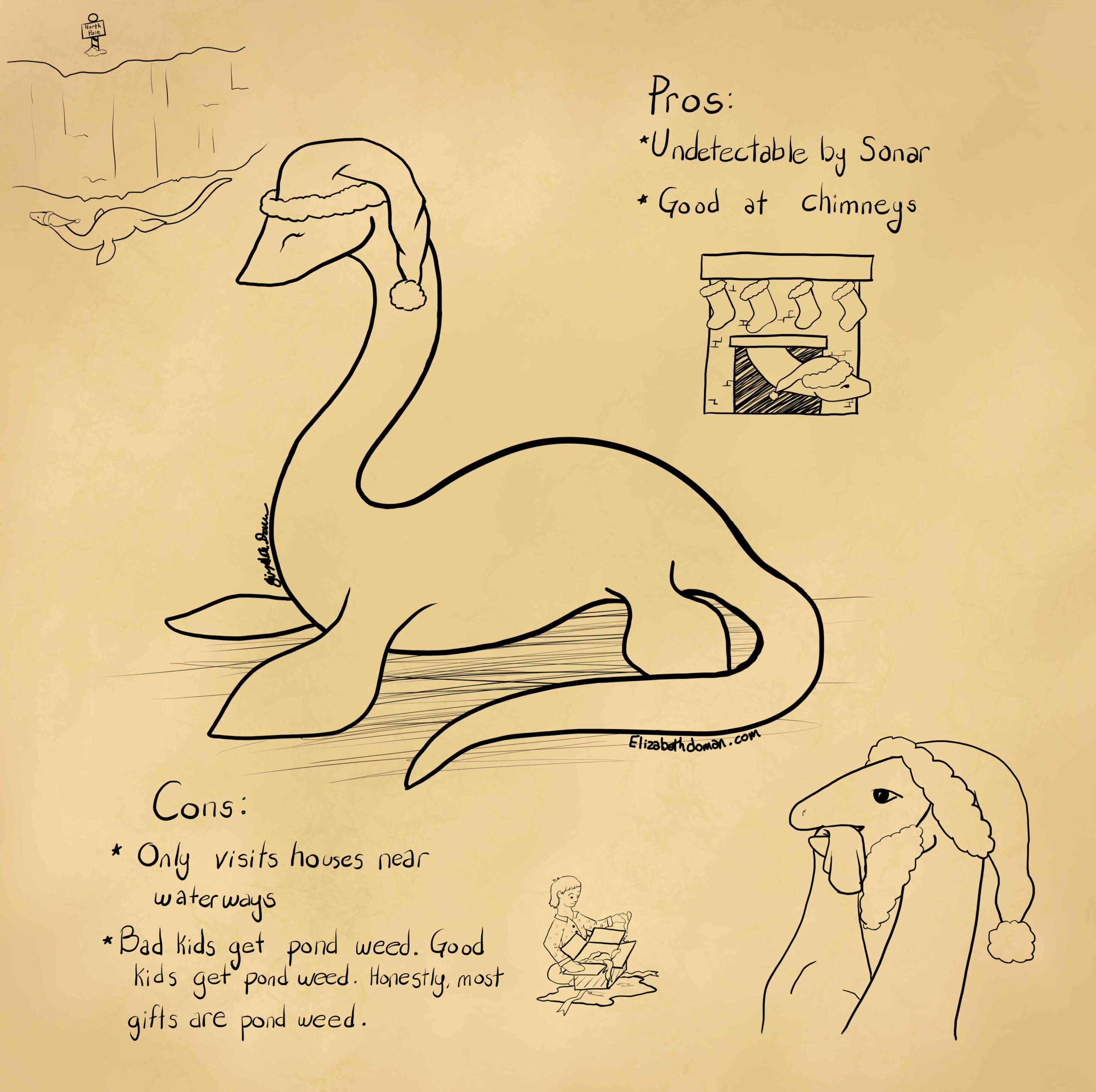 Nessie with a Santa hat in center. Top Left: Nessie swimming under the North Pole. Top Right: "Pros: -Undetectable by Sonar -Good at chimneys" and Nessie coming out a fireplace. Bottom Left: "Cons: -Only visits houses near waterways -Bad kids get pond weed. Good kids get pond weed. Honestly, most gifts are pond weed." and a picture of a child opening a gift with pond weed. Bottom Right: Nessie with a Santa hat, fake beard, and holding a bag in her mouth.