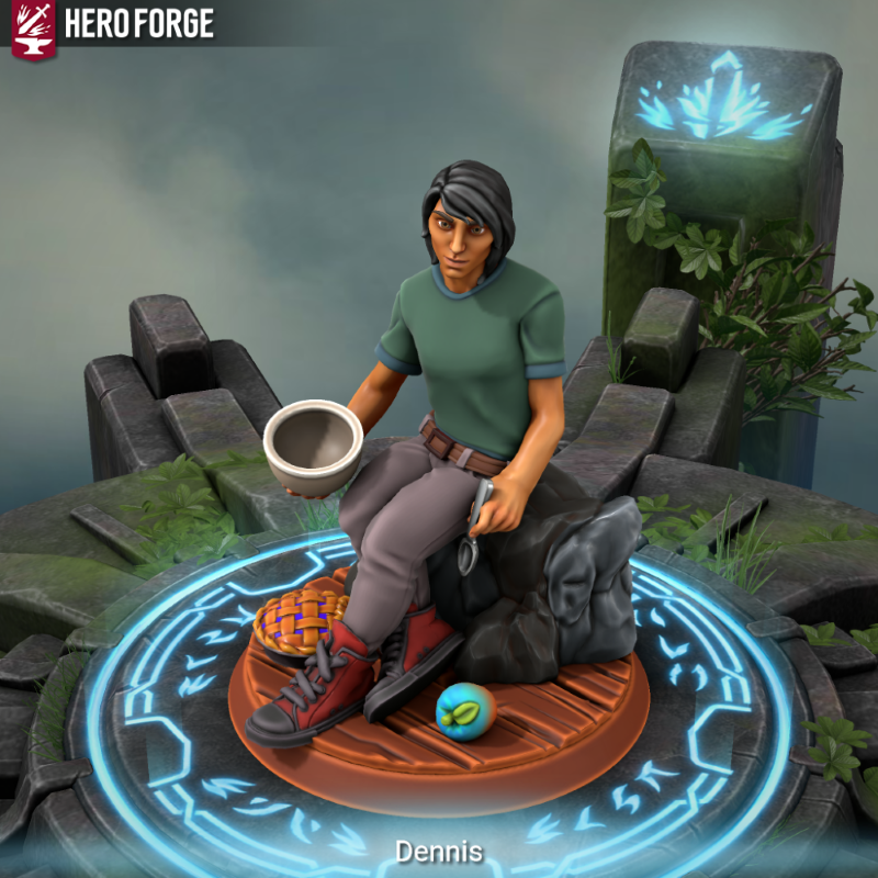 Hero Forge screenshot: A tan-skinned man with high cheekbones holds a whisk and a bowl. An apple with odd coloration and a pie are by his feet.