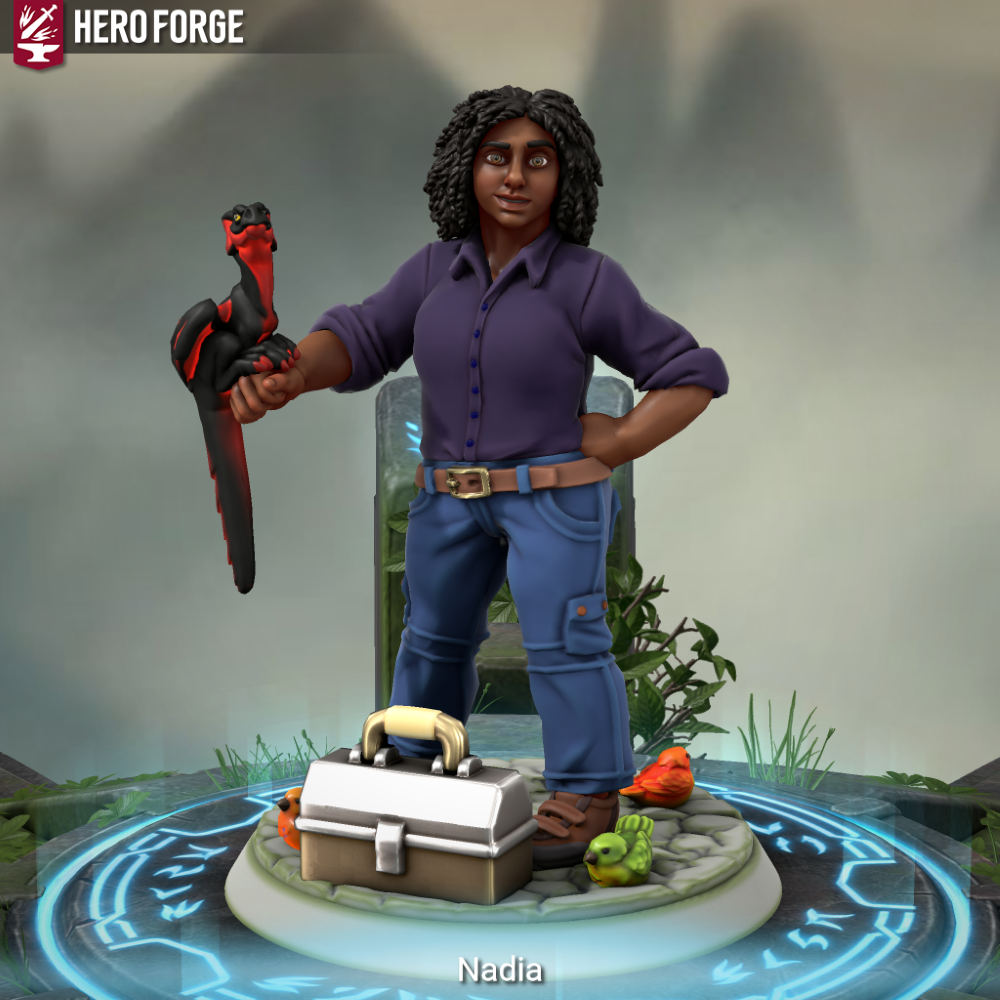 Screenshot from HeroForge: A black woman with curly black hair holding a small red and black dragon. A tool box sits by her feet.