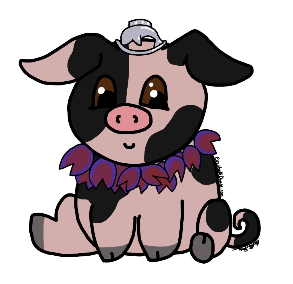 A chibi pink piglet with black spots. Around its neck is a wreath of purple and red leaves in a cloven-hoof shape and it's wearing a silver crown with a fish on it.