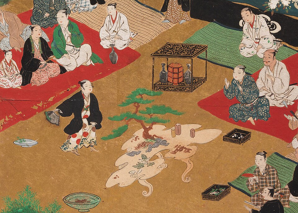 A Japanese print of Suhama, a predecessor to bonsai, showing people sitting on mats around a miniature tree.