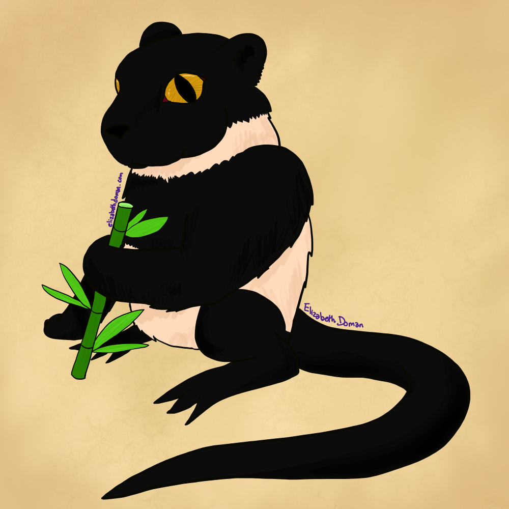 A drawing of an animal that is mostly panda but with gold lizard eyes and lizard feet and a tail