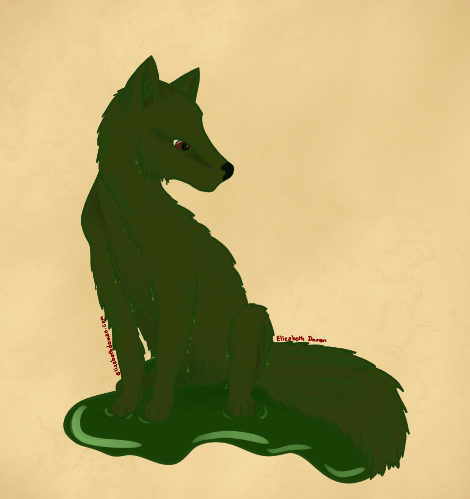 Drawing of a fox. It is dark green and small drops of green ooze off some of its fur. It is in a puddle of green.