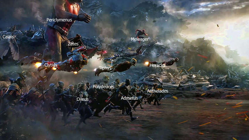 An image from Avengers Endgame of the horde of heroes charging to fight with labels over some of the heroes naming some of the Argonauts